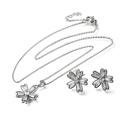 Flower Brass Micro Pave Cubic Zirconia Stud Earrings & Pendant Necklaces Sets SJEW-Z002-02P-1