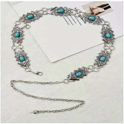 Alloy with Dyed Synthetic Turquoise Rhombus Link Chain Waist Belly Chains for Women FS-WG59013-01-1