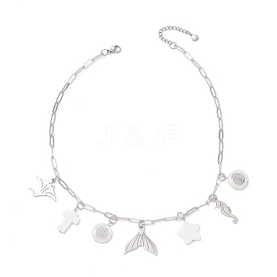 3Pcs 3 Styles Alloy Fish Tail Octopus & Natural White Shell Pendant Brass Paperclip Chain Necklaces for Women NJEW-JN05406-1