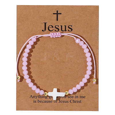Adjustable Sea Shell Cross & Faceted Rondelle Glass Braided Bead Bracelets for Women AZ6679-3-1