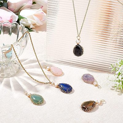 6Pcs 6 Styles Natural Gemstone Copper Wire Wrapped Pendants G-NB0003-75-1