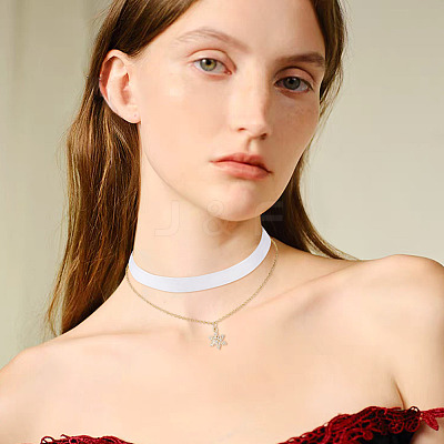 Brass Micro Pave Clear Cubic Zirconia Snowflake Pendant Single Face White Velvet Ribbon & Brass Chain Double Layered Choker Necklaces NJEW-TAC0037-1
