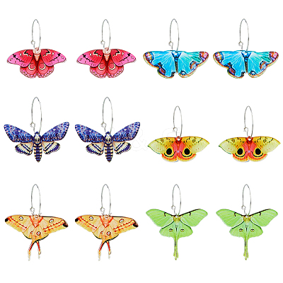 6 Pairs 6 Style Acrylic Butterfly Dangle Hoop Earrings EJEW-FI0001-34-1