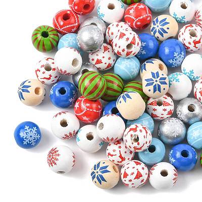 60Pcs 10 Styles Christmas Spray Painted Schima Wood Beads WOOD-FS0002-45-1