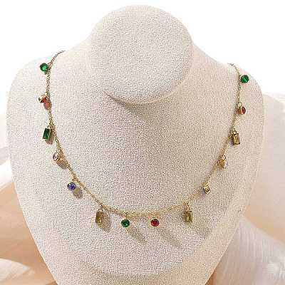 304 Stainless Steel Pave Colorful Cubic Zirconia Flat Round Rectangle Pendant Bib Necklaces NJEW-C114-03G-1