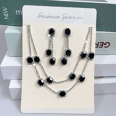 Rectangle Brass Rhinestone Double Layer Chain Necklace & Stud Dangle Earring Sets FS-WG7C731-04-1