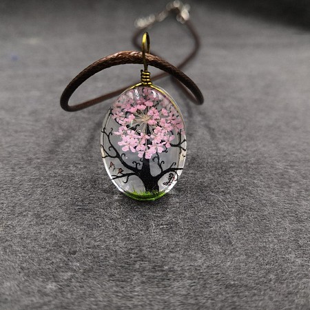 Alloy Wire Wrapped Oval Glass Inner Dried Flower Tree Pendant Waxed Cord Necklaces for Women FS-WG6B63C-15-1