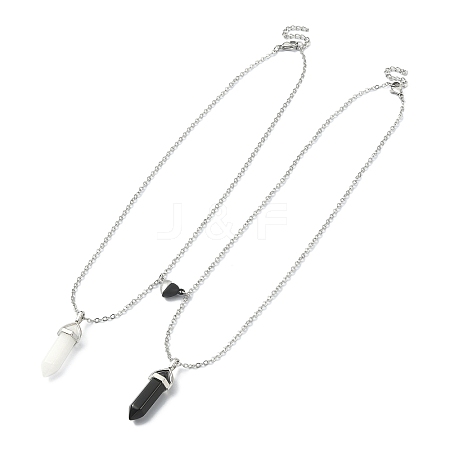 2Pcs 2 Style Natural Black Obsidian & White Jade Bullet Pendant Necklaces Set NJEW-TA00095-02-1