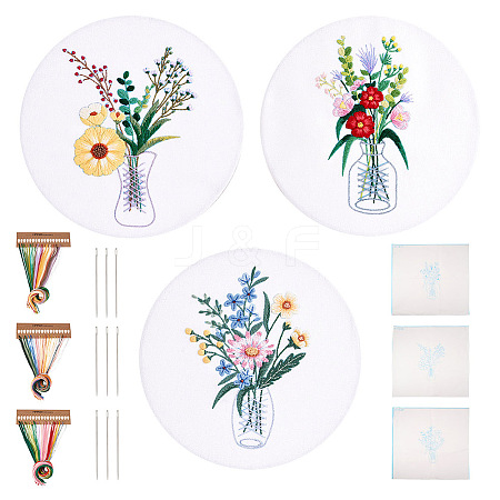 3Pcs 3 Style Vase & Flower Pattern DIY Display Decoration Embroidery Beginner Kit DIY-TA0006-16-1