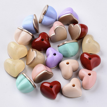  Jewelry Beads Findings Opaque Acrylic Beads, Two Tone, with Rose Gold Plated Flat Plate, Half Drilled, Heart, Mixed Color, 15x18x13.5mm, Half Hole: 2.5mm