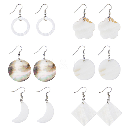 FIBLOOM 6 Pairs 6 Style Natural Shell Geometry Dangle Earrings EJEW-FI0001-79-1