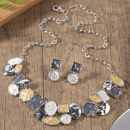 Flat Round & Oval & Square Zinc Alloy Enamel Pendant Necklaces & Stud Earrings Sets WG42338-13-1