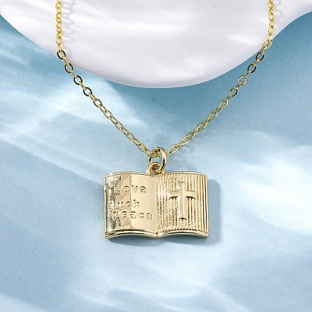 Brass Cross Bible Book Pendant Necklaces for Women Men NJEW-S438-03G-1