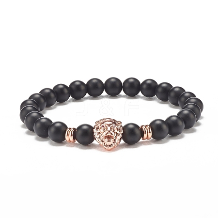 Synthetic Black Stone Round Beaded Stretch Bracelet with Brass Lion BJEW-JB07864-01-1