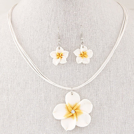 Flower Polymer Clay with Wax Cord Pendant Necklaces & Dangle Earrings Sets FS-WG2CAA9-04-1
