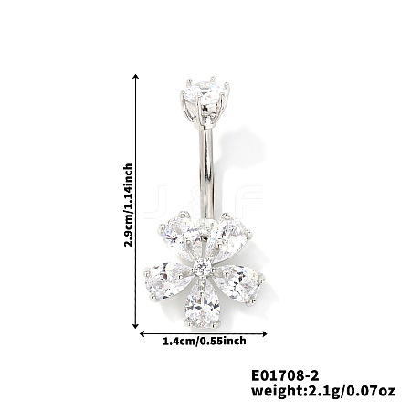 Flower Brass Cubic Zirconia Belly Rings Curved Barbell QR5785-2-1