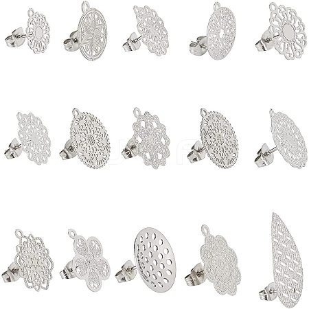 DICOSMETIC 30Pcs 15 Style 304 Stainless Steel Stud Earring Findings STAS-DC0001-40-1