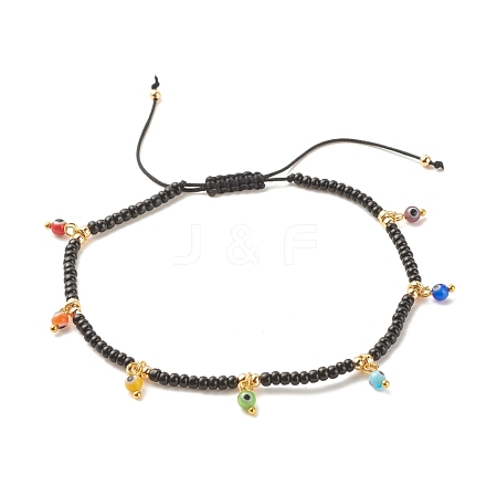Glass Seed & Brass Braided Bead Anklet with Lampwork Evil Eye Charms AJEW-AN00484-01-1
