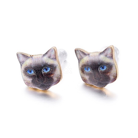 Real 14K Gold Plated Alloy Kitten Stud Earrings EJEW-G148-01G-05-1