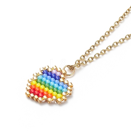 Rainbow Color Japanese Seed Braided Heart Pendant Necklace with 304 Stainless Steel Chains for Women NJEW-MZ00005-1