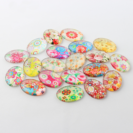 Multi-Color Floral Pattern Theme Ornaments Glass Oval Flatback Cabochons GGLA-A003-18x25-SS-1