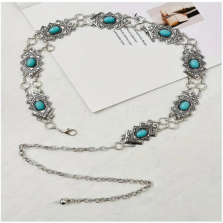 Alloy with Dyed Synthetic Turquoise Rhombus Link Chain Waist Belly Chains for Women FS-WG59013-01-1