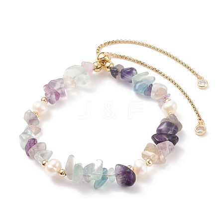 Natural Fluorite Chips & Pearl Beaded Slider Bracelet BJEW-JB08334-01-1