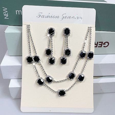 Rectangle Brass Rhinestone Double Layer Chain Necklace & Stud Dangle Earring Sets FS-WG7C731-04-1
