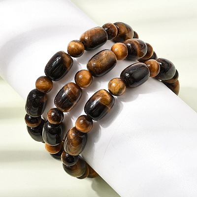 Natural Tiger Eye Oval and Round Beaded Stretch Bracelets for Women GG-CBA3F02-13B-1