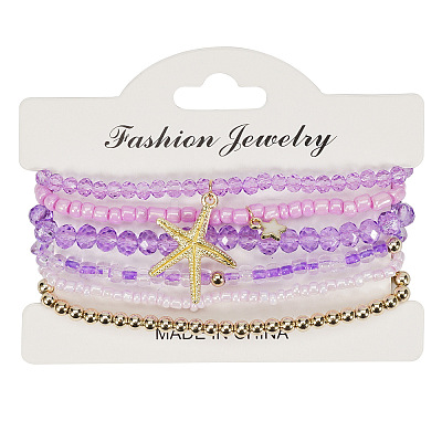 Bohemian Style Round Glass & Plastic Beads Stretch Bracelets & Starfish & Star Zinc Alloy Charm Bracelets Set for Women FS-WG8BA5D-01-1