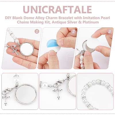 DIY Blank Dome Alloy Charm Bracelet with Imitation Pearl Chains Making Kit BJEW-UN00002-1
