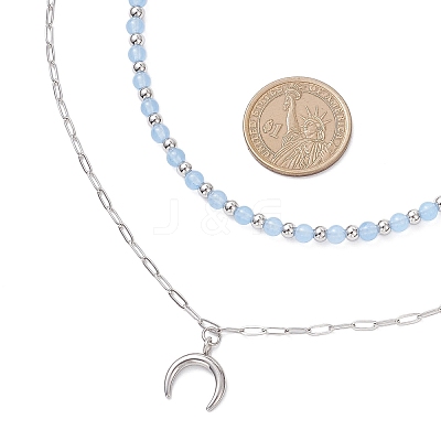 Natural Dyed Malaysia Jade Round Bead 304 Stainless Steel Moon Pendant Double Layer Necklaces for Women NJEW-JN05482-1