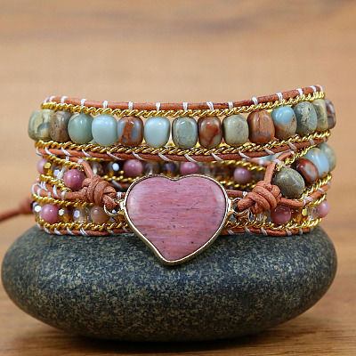Bohemia Style Heart Natural Rhodochrosite & Shoushan Beads Multi-strand Bracelets FS-WGBC1C4-01-1