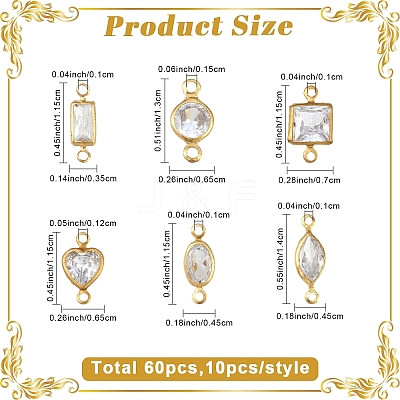 60Pcs 6 Styles Brass Clear Cubic Zirconia Connector Charms KK-YW0003-62-1