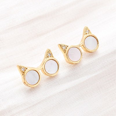 Cat Ear Glasses Brass Micro Pave Clear Cubic Zirconia Stud Earrings KK-D363-17G-1