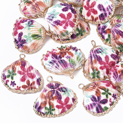 Electroplate Printed Natural Scallop Shell Pendants SSHEL-R047-04-A06-1