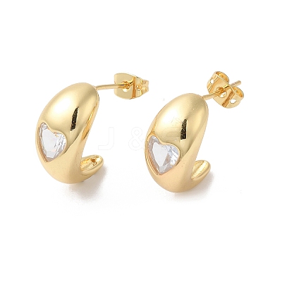 Clear Cubic Zirconia Crescent Moon with Heart Stud Earrings EJEW-R150-13G-1