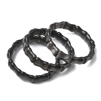 Bamboo Natural Silver Sheen Obsidian Beads Stretch Bracelets for Women Men BJEW-K304-01C-1