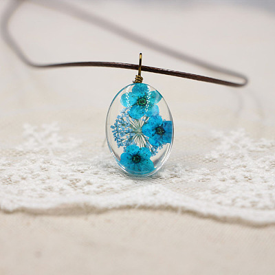 Alloy Wire Wrapped Oval Glass Inner Dried Flower Pendant Waxed Cord Necklaces for Women FS-WG6B63C-07-1