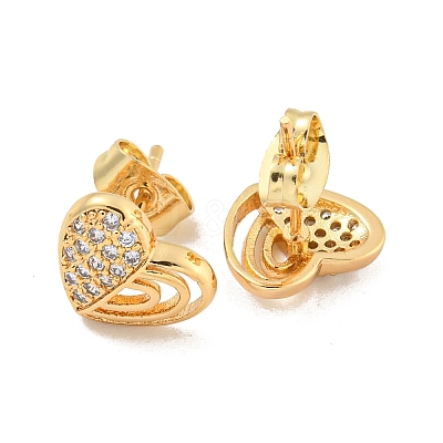 Heart Brass Pave Clear Cubic Zirconia Stud Earrings EJEW-M258-36G-1