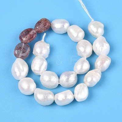 Natural Strawberry Quartz Nuggets & Natural Cultured Freshwater Pearl Beads Strands PEAR-N023-01A-13-1