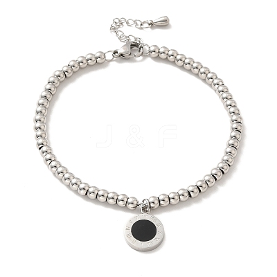 304 Stainless Steel Roman Numeral Flat Round Charm Bracelet with Enamel BJEW-B057-11P-1