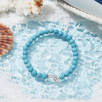 2Pcs 2 Color Tibetan Style Alloy Dolphin & Synthetic Turquoise Round Beaded Stretch Bracelets Set BJEW-JB09895-1