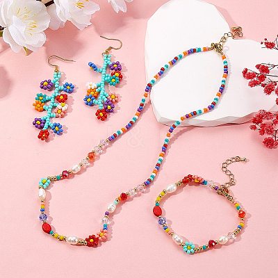 Natural Pearl & Glass Seed Beaded Necklace & Bracelet & Dangle Earrings SJEW-SW00008-1