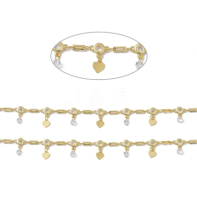 Brass Rectangle & Cubic Zirconia Flat Round Link Chains CHC-P010-02G-1