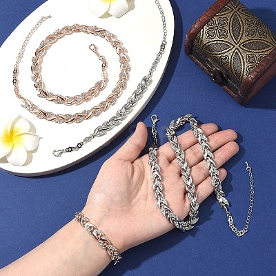 Alloy Crystal Rhinestone Leaf Link Chain Necklaces & Bracelets Sets SJEW-YWC0002-01RG-1