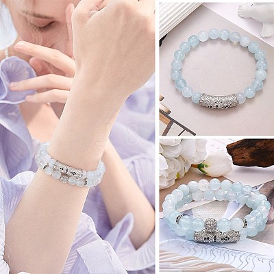 2Pcs 2 Style Natural Aquamarine Stretch Bracelets Set BJEW-SW00094-1