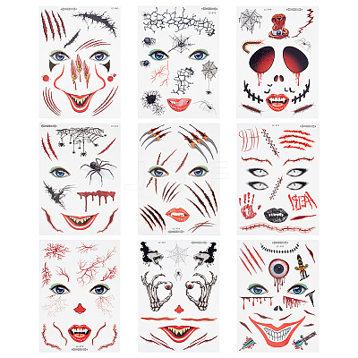 9 Sheets 9 Styles Halloween Temporary Face Tattoos STIC-WH0003-005-1