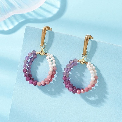 Natural Amethyst & Natural Rhodonite & Natural Ruby Faceted Round & Natural Cultured Freshwater Pearl Bead & 304 Stainless Steel Stud Dangle Earrings EJEW-JE07229-02-1