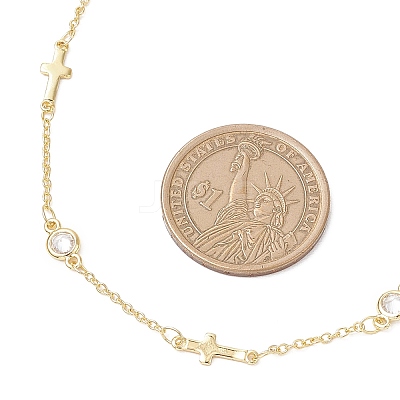 Brass Pave Clear Cubic Zirconia Flat Round Cross Link Chain Necklaces with 304 Stainless Steel End Chains NJEW-JN05335-1